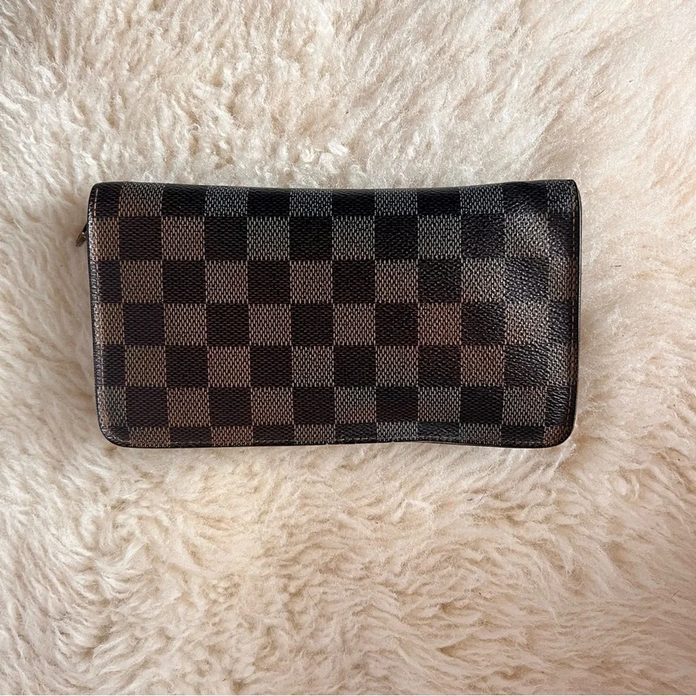 Louis Vuitton Damier Ebene Long Wallet Zip Brown Leather Canvas Authentic